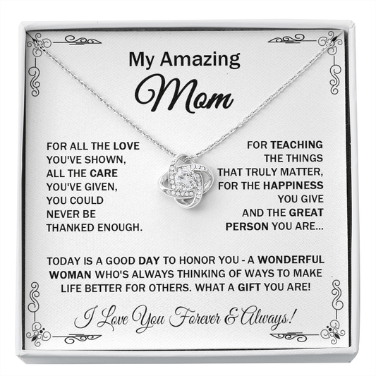 Amazing Mom - For All The Love - Love Knot Necklace Message Gift Card For Mother's Day Birthday Thanks