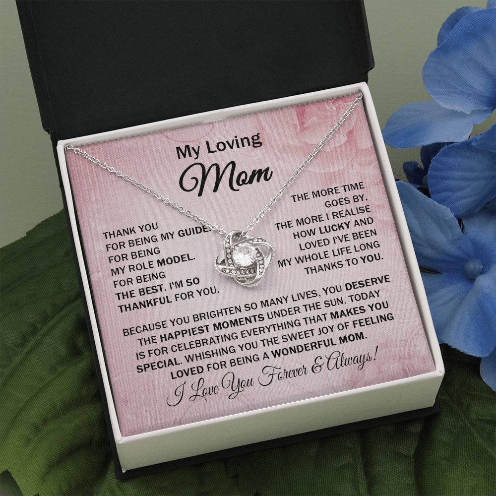 Loving Mom - Thank You for Being My Guide - Love Knot Necklace Message Card Cute Gift for Mom Mother's Day Birthday from Daughter Son