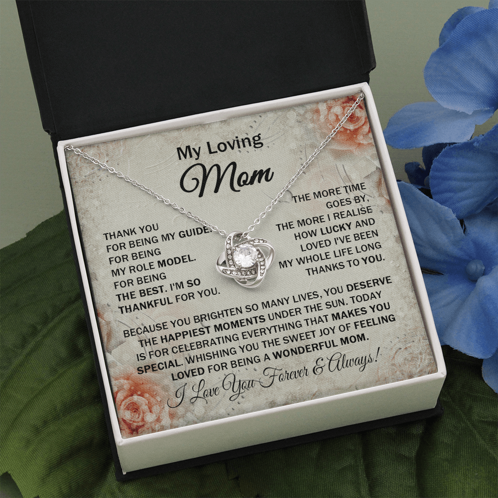 Loving Mom - Thank You for Being My Guide - Love Knot Necklace Message Card Gift for Mom Mother's Day Birthday from Daughter Son For Your Mom