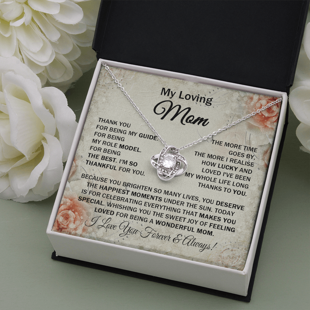 Loving Mom - Thank You for Being My Guide - Love Knot Necklace Message Card Gift for Mom Mother's Day Birthday from Daughter Son For Your Mom