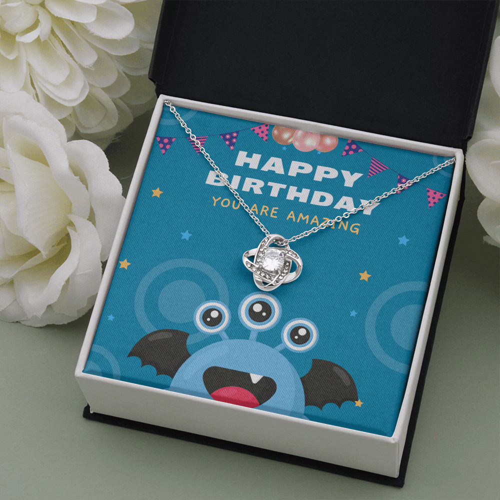 Happy Birthday - You Are Amazing - Cute Monster - Love Knot Necklace Message Card