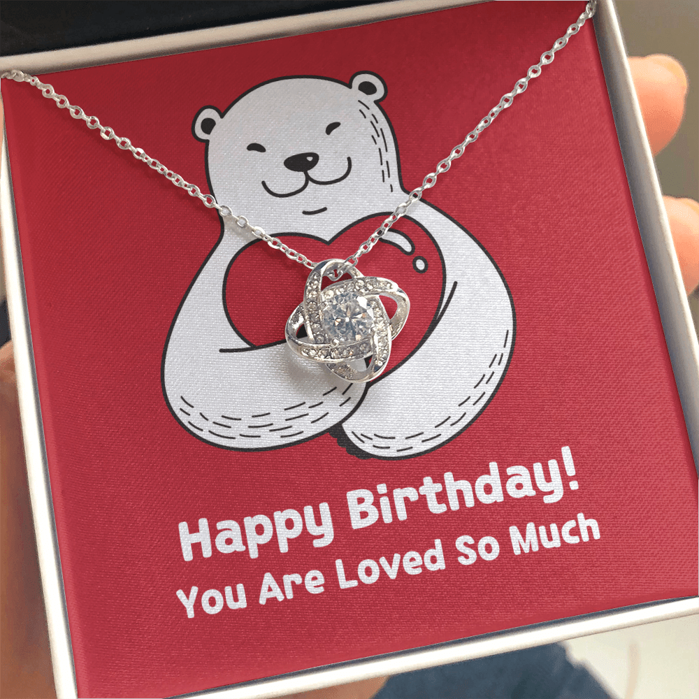 Happy Birthday You Are Loved So Much Cute Red Bear - Love Knot Necklace Message Card