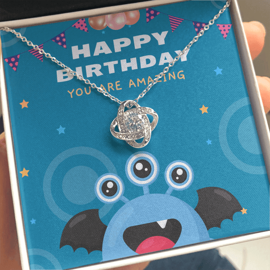 Happy Birthday - You Are Amazing - Cute Monster - Love Knot Necklace Message Card