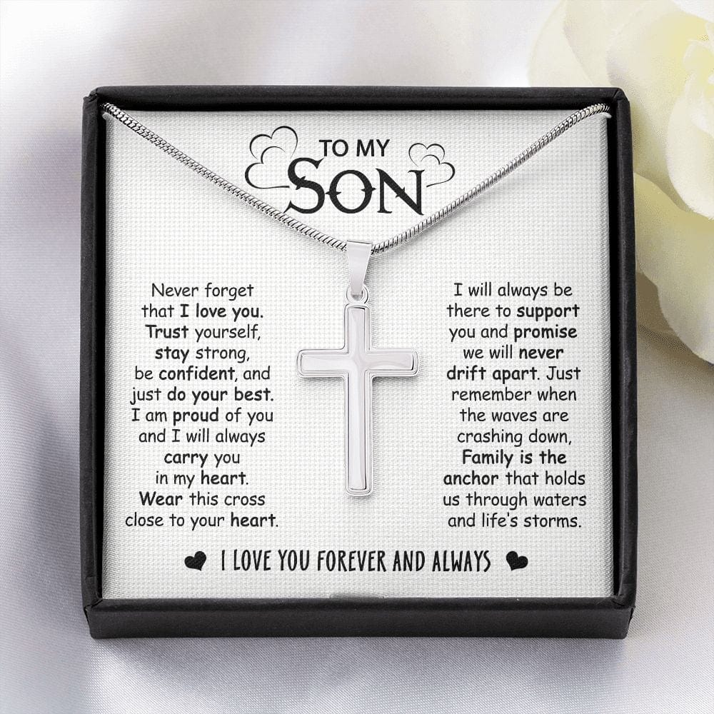 Gift For Son - Family Always There - Cross Necklace With Message Card - Son Gift For Birthday, Christmas, Special Occasion From Mom, Mother, Dad, Father