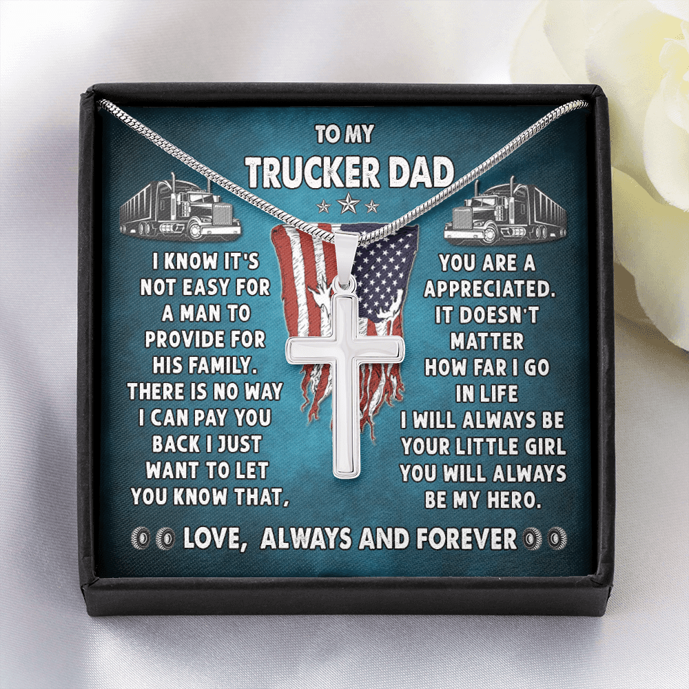 Father's Day Gift - Trucker Dad - Stainless Steel Cross Necklace Message Card Gift From Daughter, Girl
