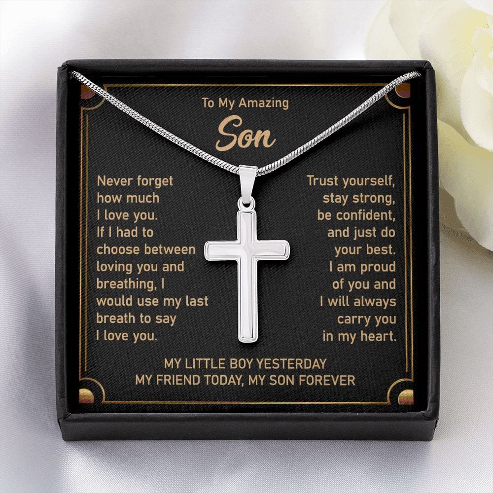 Gift For Son - Never Forget My Love For You - Cross Necklace With Message Card - Son Gift For Birthday, Christmas, Special Occasion From Mom, Dad
