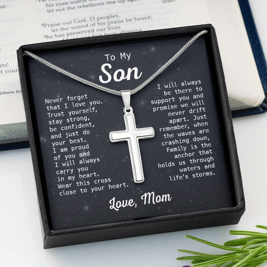 Gift For Son - Family Is The Anchor - Cross Necklace With Message Card - Son Gift For Birthday, Christmas, Special Occasion From Mom, Mother