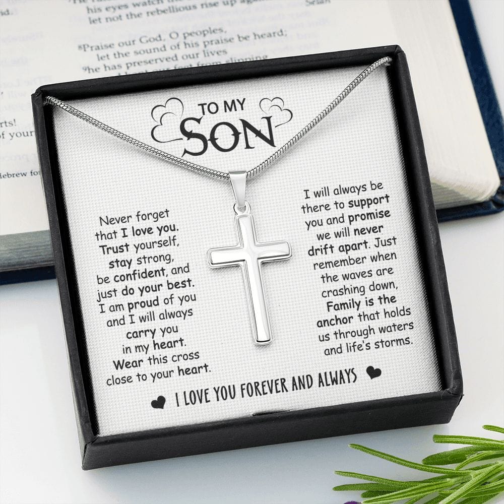 Gift For Son - Family Always There - Cross Necklace With Message Card - Son Gift For Birthday, Christmas, Special Occasion From Mom, Mother, Dad, Father