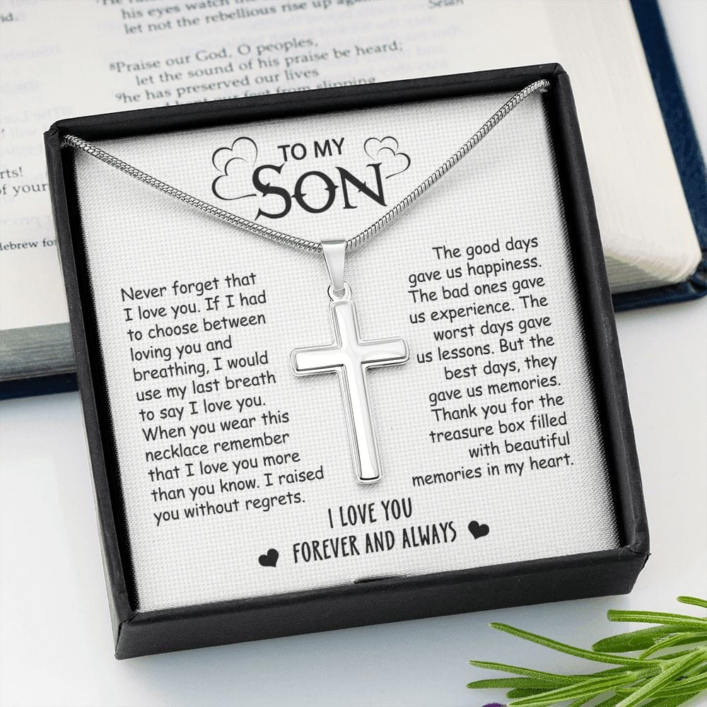 Gift For Son - No Regrets - Cross Necklace With Message Card - Son Gift For Birthday, Christmas, Special Occasion From Mom, Dad