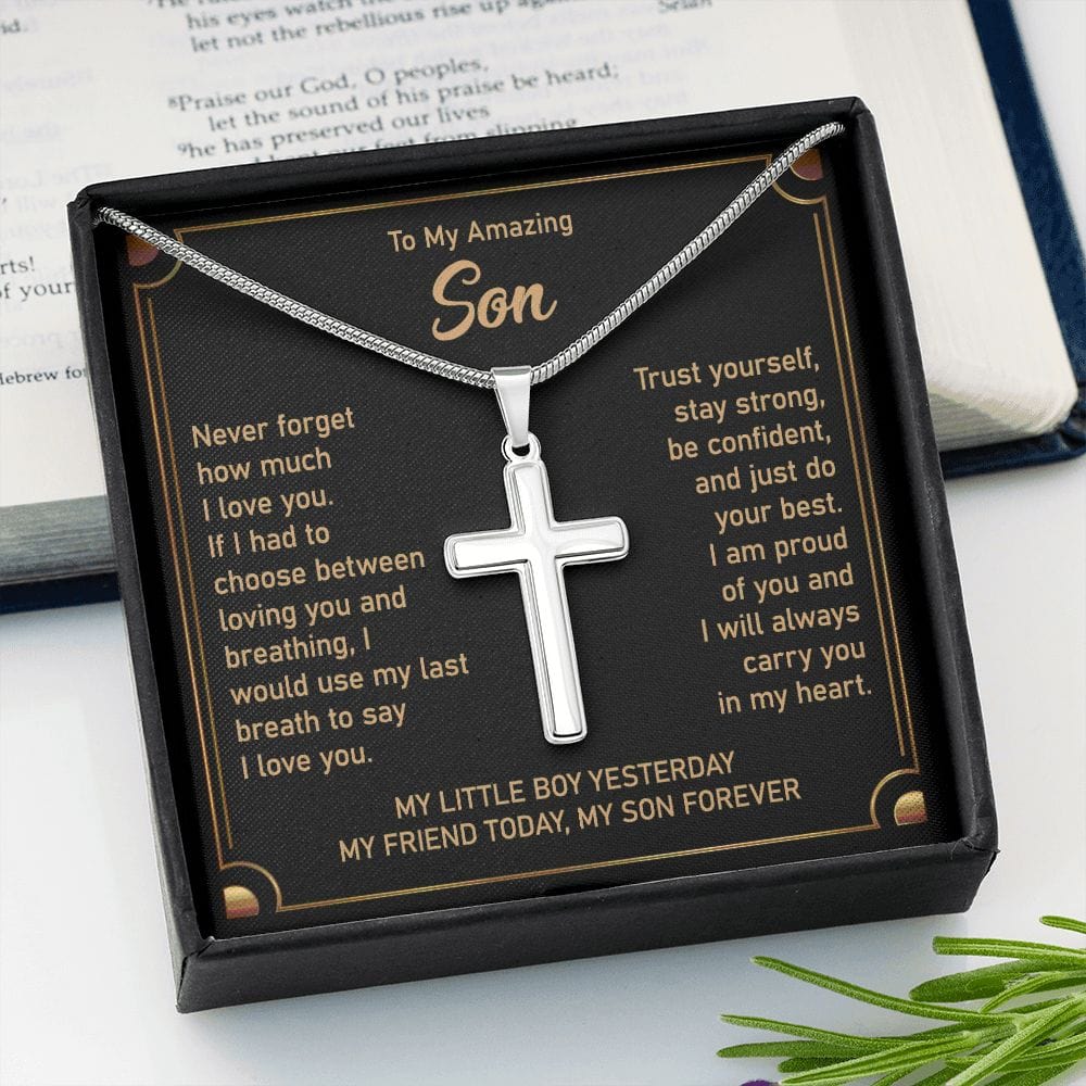 Gift For Son - Never Forget My Love For You - Cross Necklace With Message Card - Son Gift For Birthday, Christmas, Special Occasion From Mom, Dad