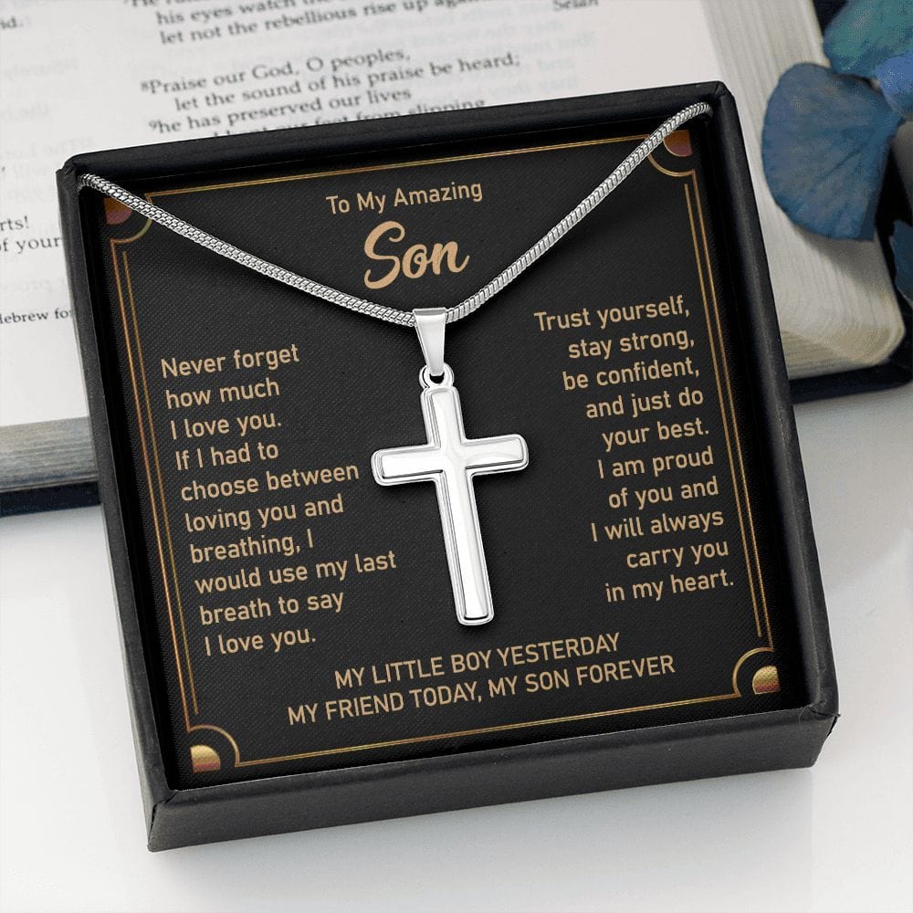 Gift For Son - Never Forget My Love For You - Cross Necklace With Message Card - Son Gift For Birthday, Christmas, Special Occasion From Mom, Dad