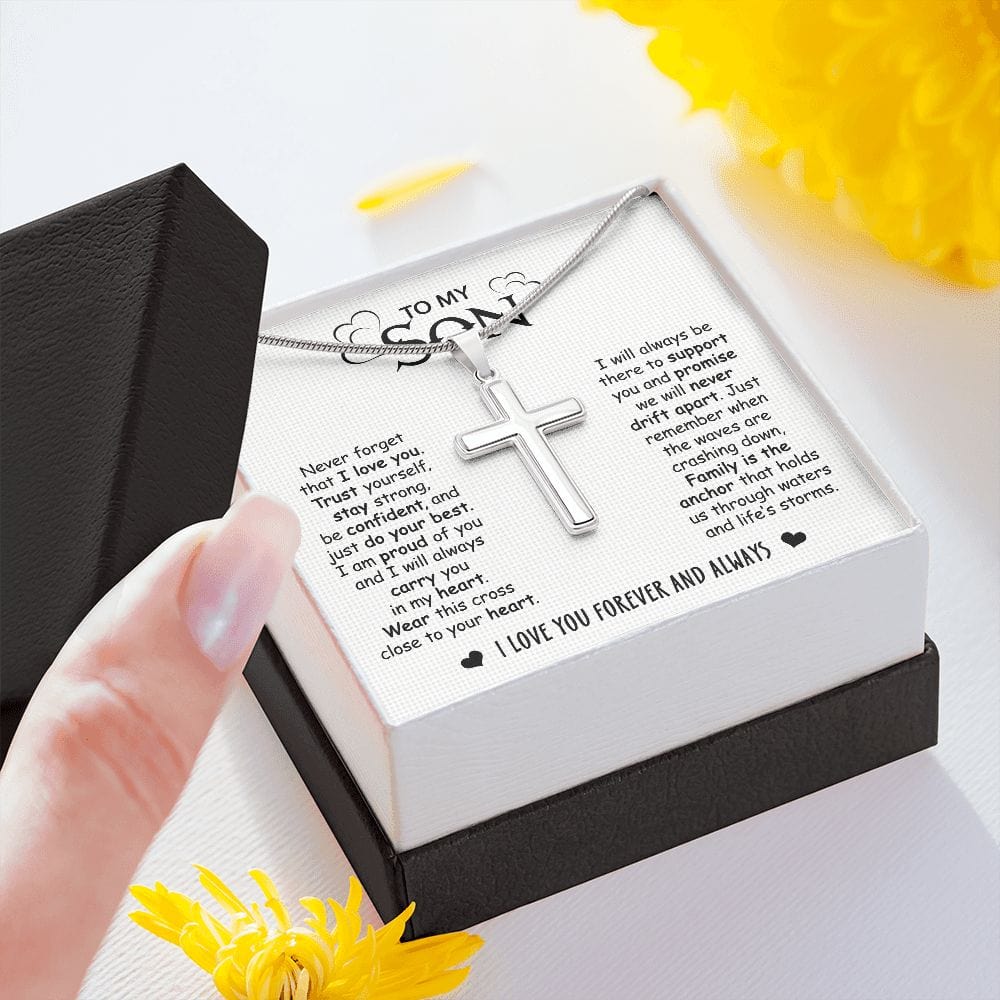 Gift For Son - Family Always There - Cross Necklace With Message Card - Son Gift For Birthday, Christmas, Special Occasion From Mom, Mother, Dad, Father