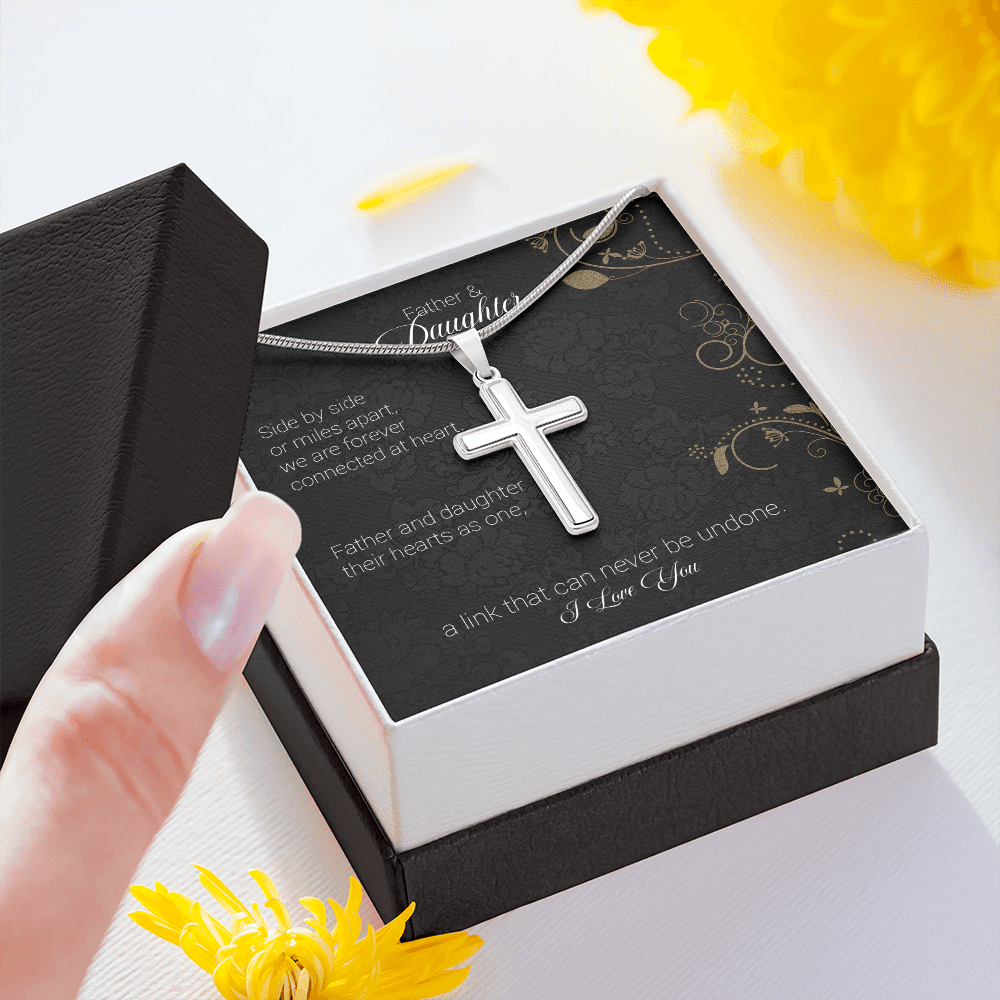 Father And Daughter - Side By Side Or Miles Apart - Cross Necklace Message Card