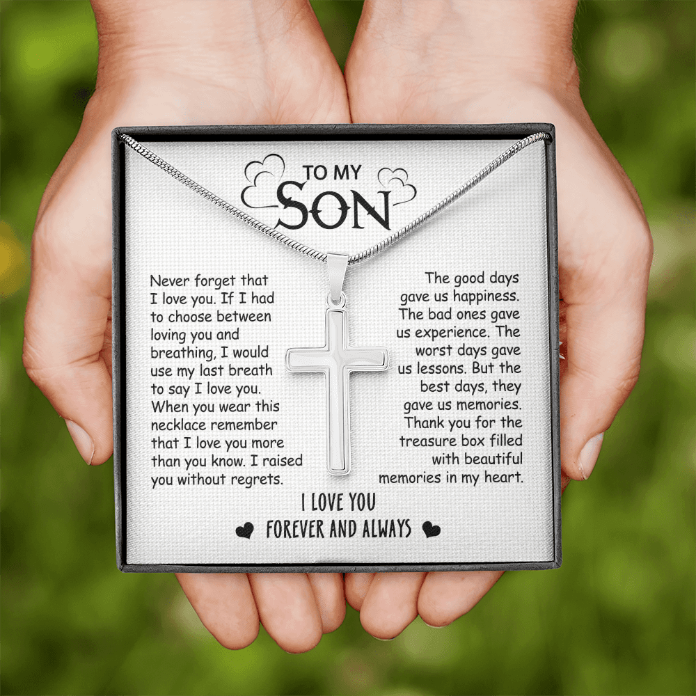 Gift For Son - No Regrets - Cross Necklace With Message Card - Son Gift For Birthday, Christmas, Special Occasion From Mom, Dad