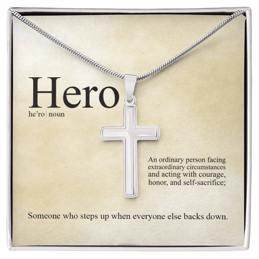 Hero Definition - An Ordinary Person - Cross Necklace Message Card - Gift Father's Day For Dad, Daddy, Father, Grandfather, Grandpa, Papa