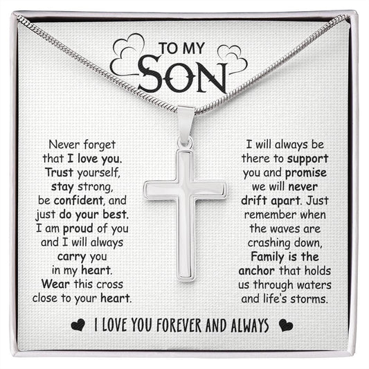 Gift For Son - Family Always There - Cross Necklace With Message Card - Son Gift For Birthday, Christmas, Special Occasion From Mom, Mother, Dad, Father