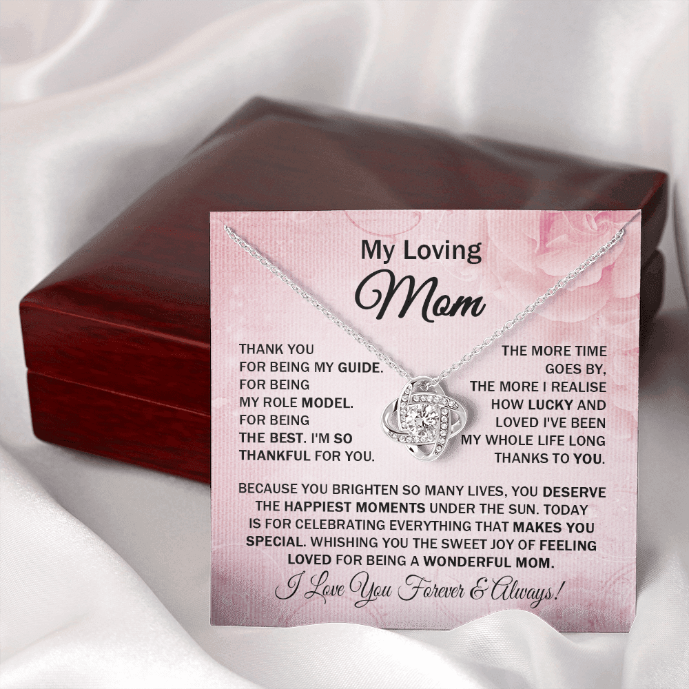 Loving Mom - Thank You for Being My Guide - Love Knot Necklace Message Card Cute Gift for Mom Mother's Day Birthday from Daughter Son