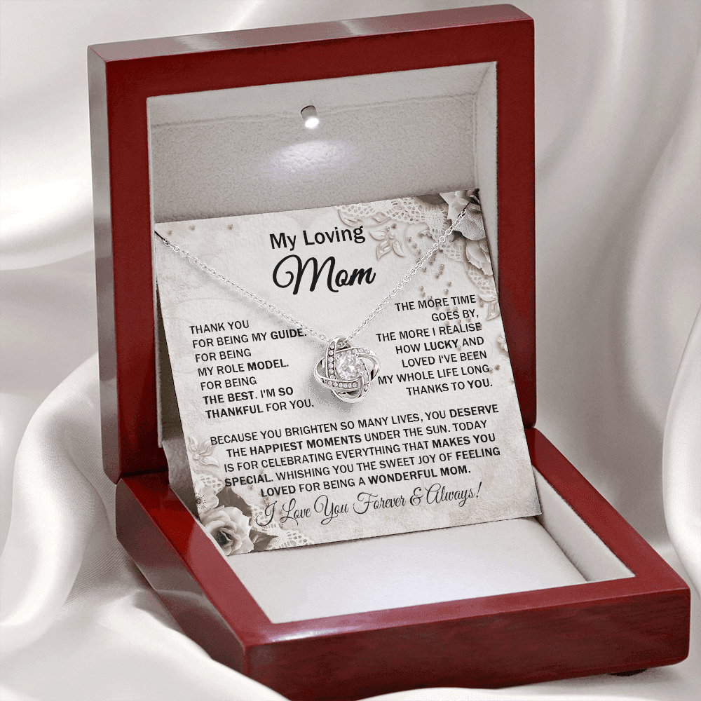 Loving Mom - Thank You for Being My Guide - Love Knot Necklace Message Card Gift for Mom Mother's Day Birthday from Daughter Son Cute