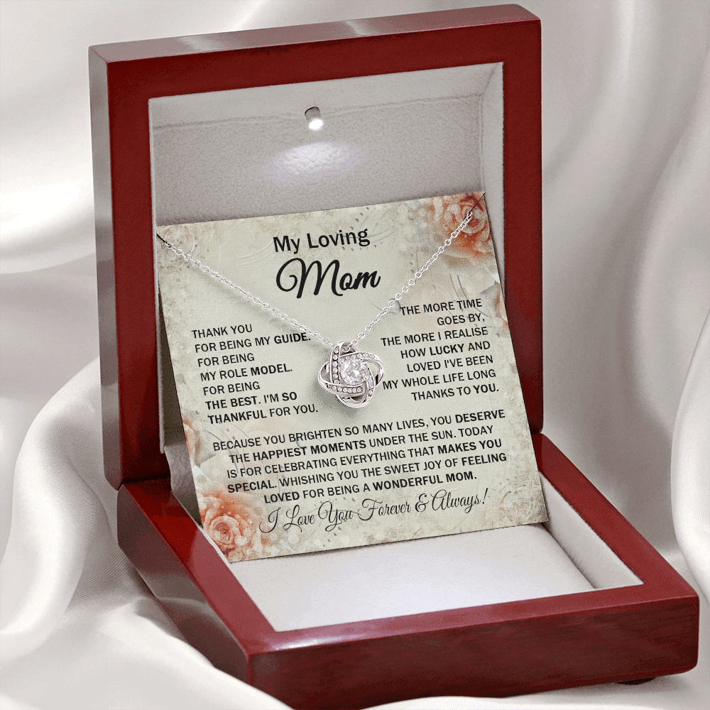 Loving Mom - Thank You for Being My Guide - Love Knot Necklace Message Card Gift for Mom Mother's Day Birthday from Daughter Son For Your Mom