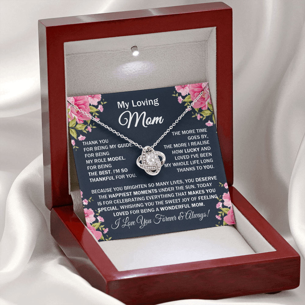 Amazing Loving Mom - Thank You for Being My Guide - Love Knot Necklace Message Card Gift for Mom Mother's Day Birthday from Daughter Son