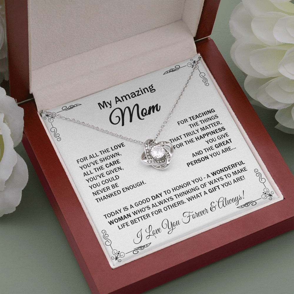 Amazing Mom - For All The Love - Love Knot Necklace Message Gift Card For Mother's Day Birthday Thanks