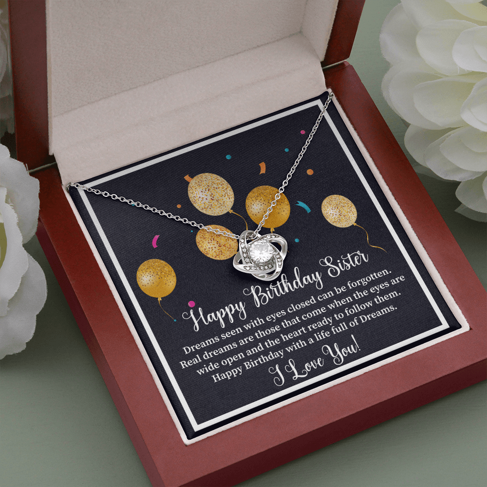 Happy Birthday Sister - Dreams Seen With Eyes Closed Love Knot Necklace Message Card