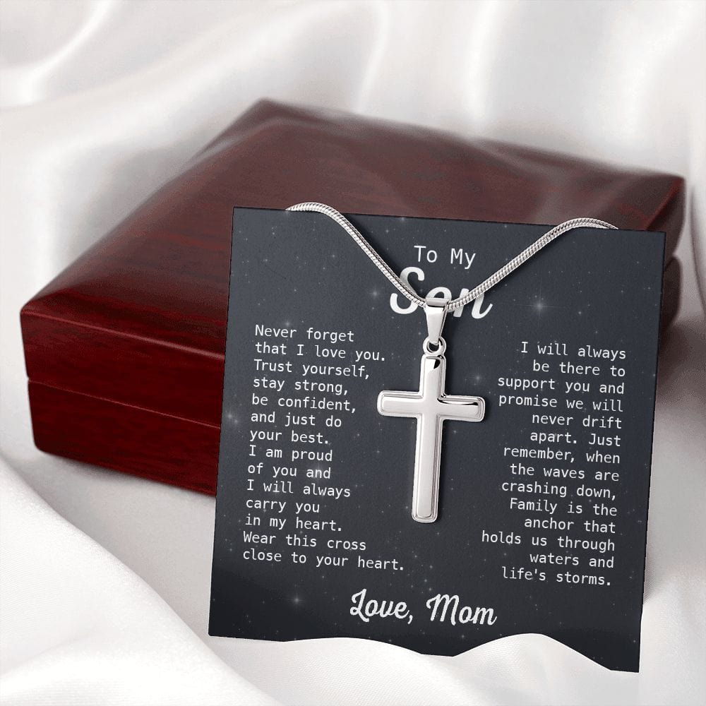 Gift For Son - Family Is The Anchor - Cross Necklace With Message Card - Son Gift For Birthday, Christmas, Special Occasion From Mom, Mother
