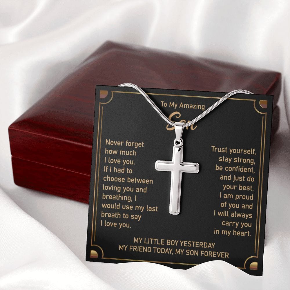 Gift For Son - Never Forget My Love For You - Cross Necklace With Message Card - Son Gift For Birthday, Christmas, Special Occasion From Mom, Dad