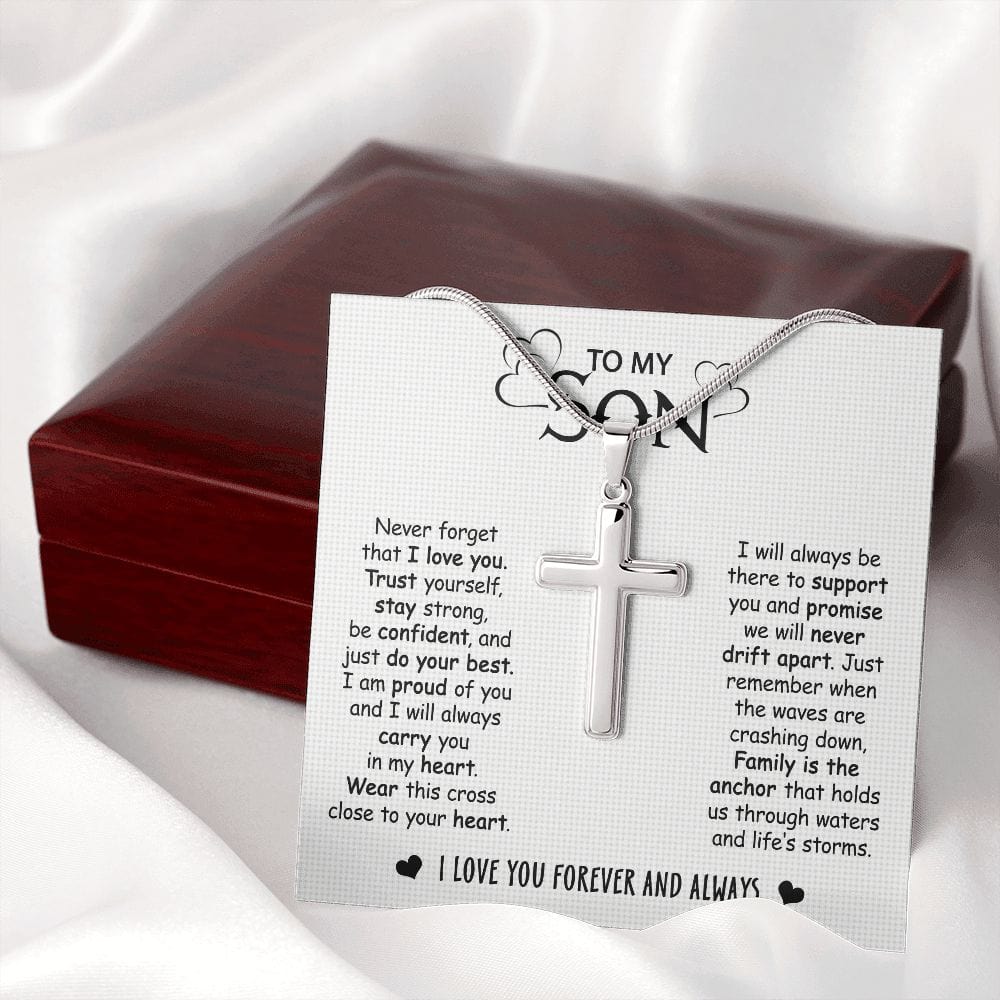 Gift For Son - Family Always There - Cross Necklace With Message Card - Son Gift For Birthday, Christmas, Special Occasion From Mom, Mother, Dad, Father