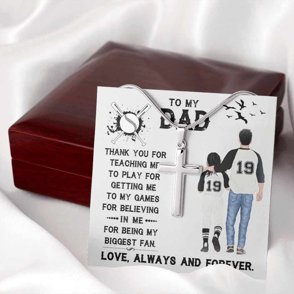 Father's Day - Baseball Dad Gift - Stainless Steel Cross Necklace Message Card Gift - Thank You For Father's Day, Daddy, Dad