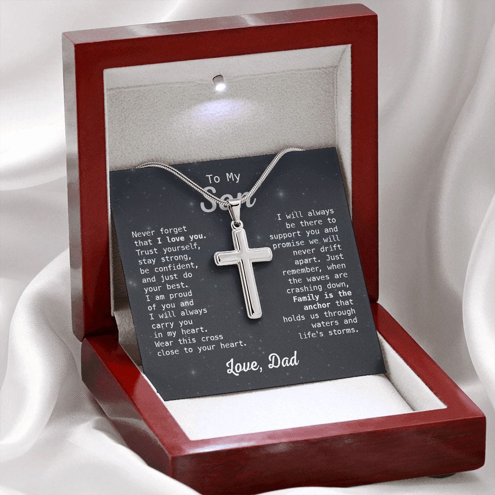 Gift For Son - Family Is The Anchor - Cross Necklace With Message Card - Son Gift For Birthday, Christmas, Special Occasion From Dad, Father