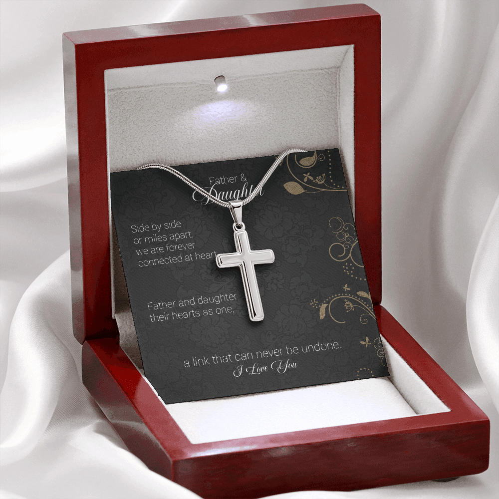 Father And Daughter - Side By Side Or Miles Apart - Cross Necklace Message Card