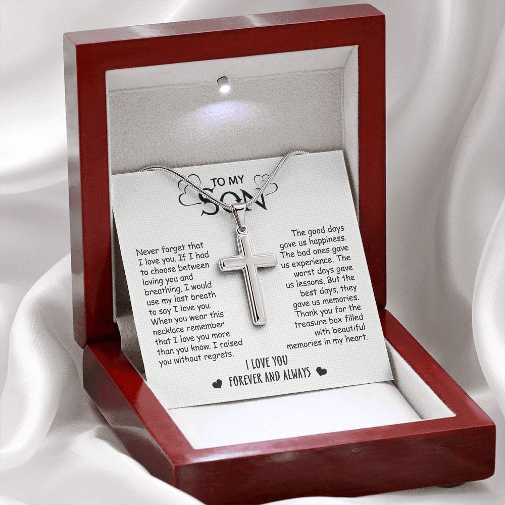 Gift For Son - No Regrets - Cross Necklace With Message Card - Son Gift For Birthday, Christmas, Special Occasion From Mom, Dad