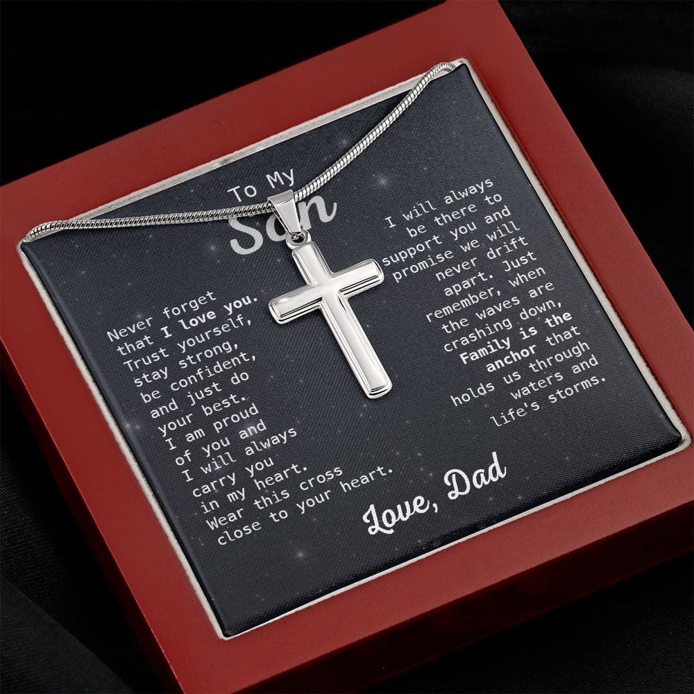 Gift For Son - Family Is The Anchor - Cross Necklace With Message Card - Son Gift For Birthday, Christmas, Special Occasion From Dad, Father