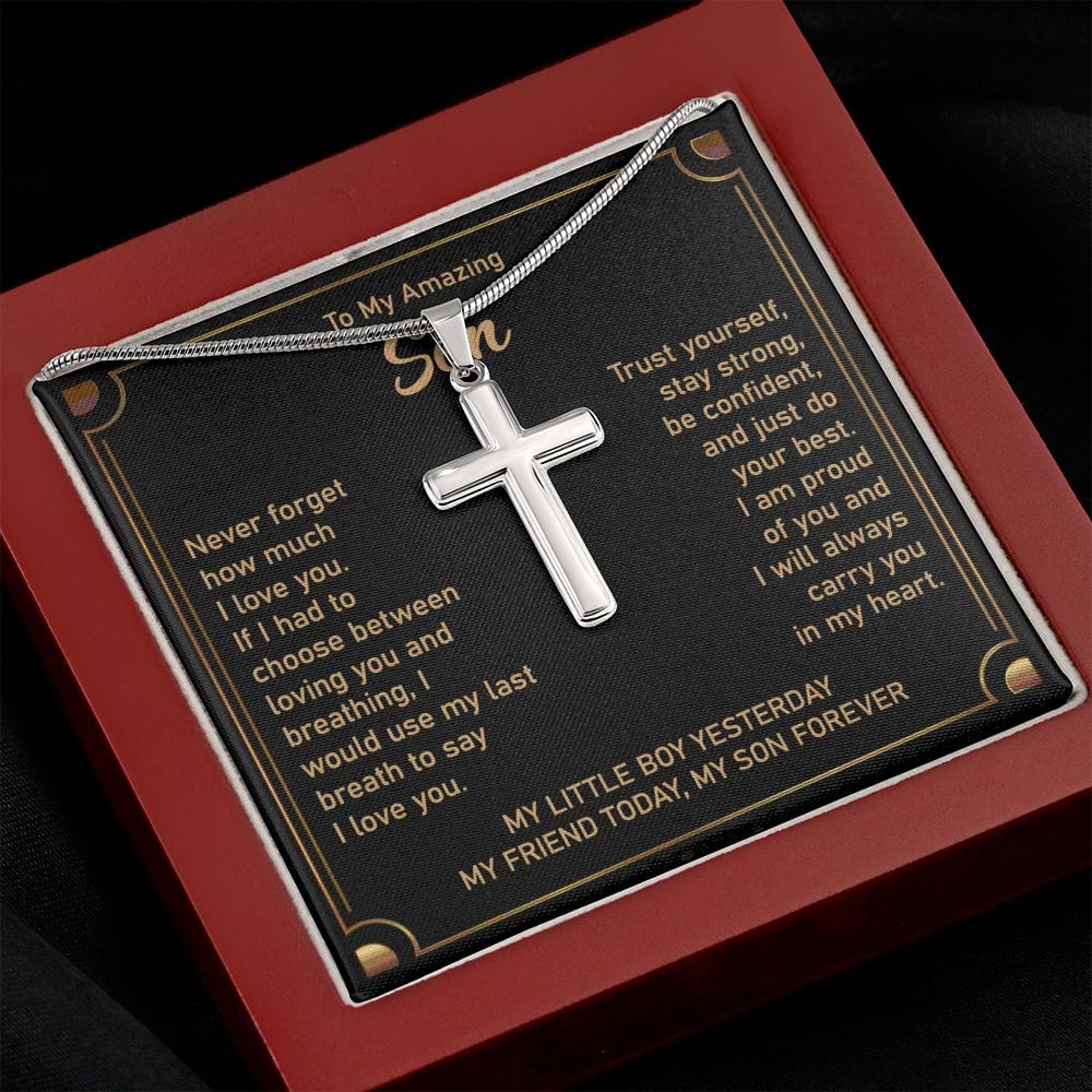 Gift For Son - Never Forget My Love For You - Cross Necklace With Message Card - Son Gift For Birthday, Christmas, Special Occasion From Mom, Dad