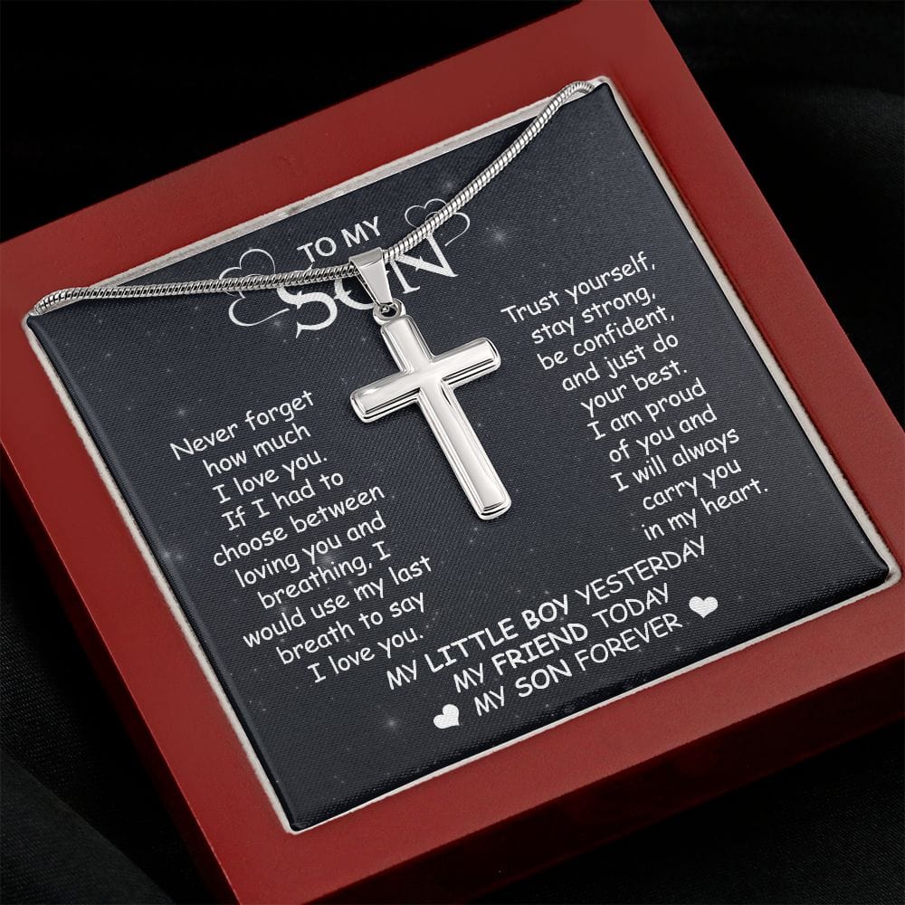 Gift For Son - Never Forget My Love - Cross Necklace With Message Card - Son Gift For Birthday, Christmas, Special Occasion From Mom, Dad