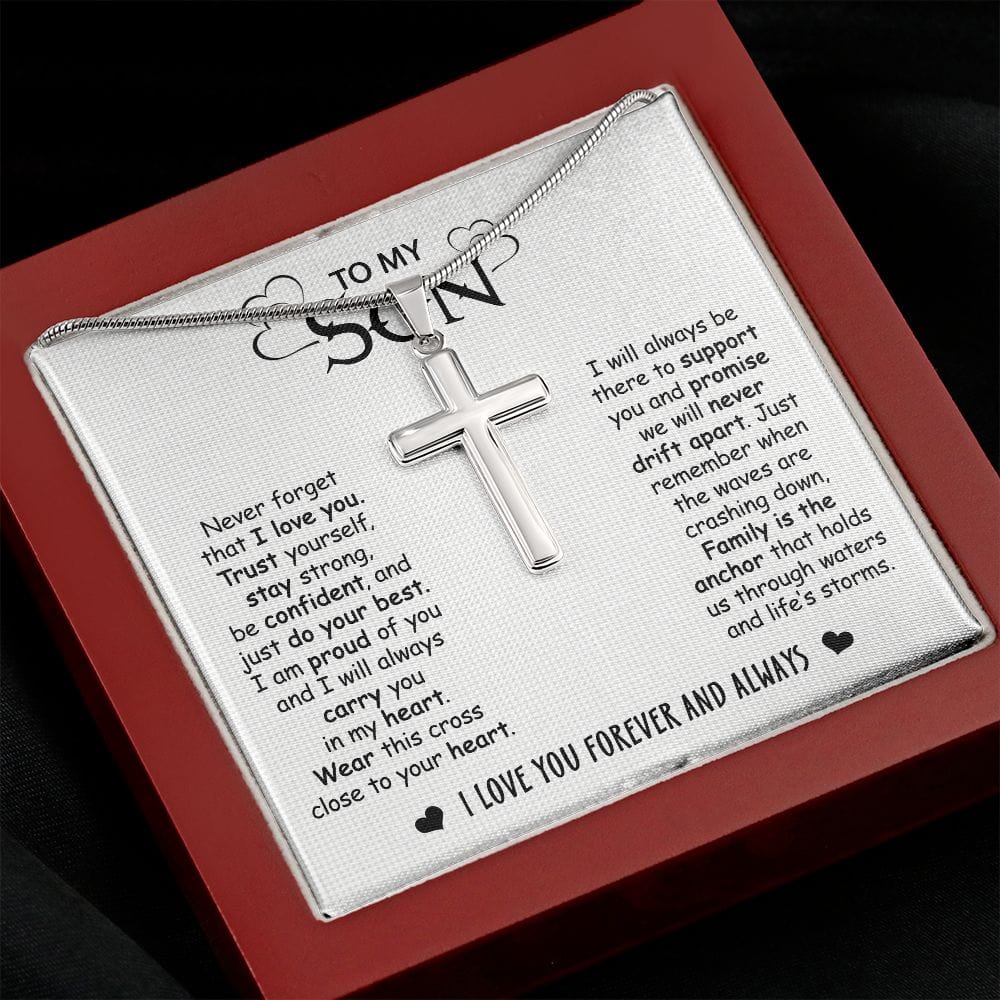 Gift For Son - Family Always There - Cross Necklace With Message Card - Son Gift For Birthday, Christmas, Special Occasion From Mom, Mother, Dad, Father