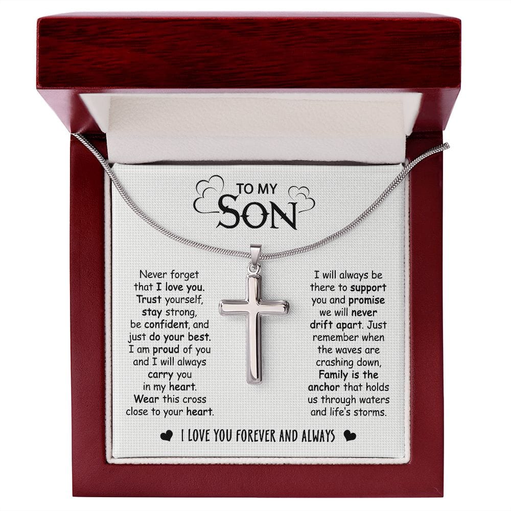 Gift For Son - Family Always There - Cross Necklace With Message Card - Son Gift For Birthday, Christmas, Special Occasion From Mom, Mother, Dad, Father