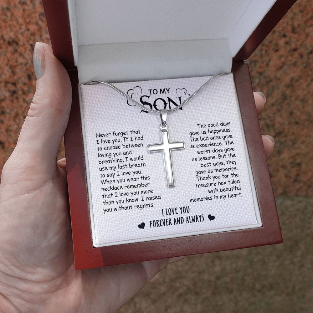 Gift For Son - No Regrets - Cross Necklace With Message Card - Son Gift For Birthday, Christmas, Special Occasion From Mom, Dad