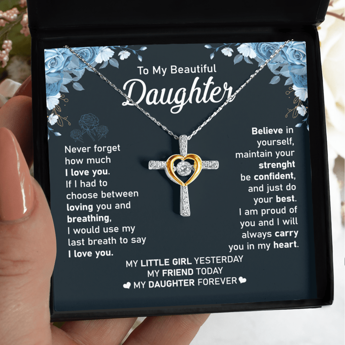 Gift For Daughter - Believe In Yourself - Cross Dancing Necklace With Message Card - Gift For Birthday, Christmas From Dad, Father, Mom, Mother