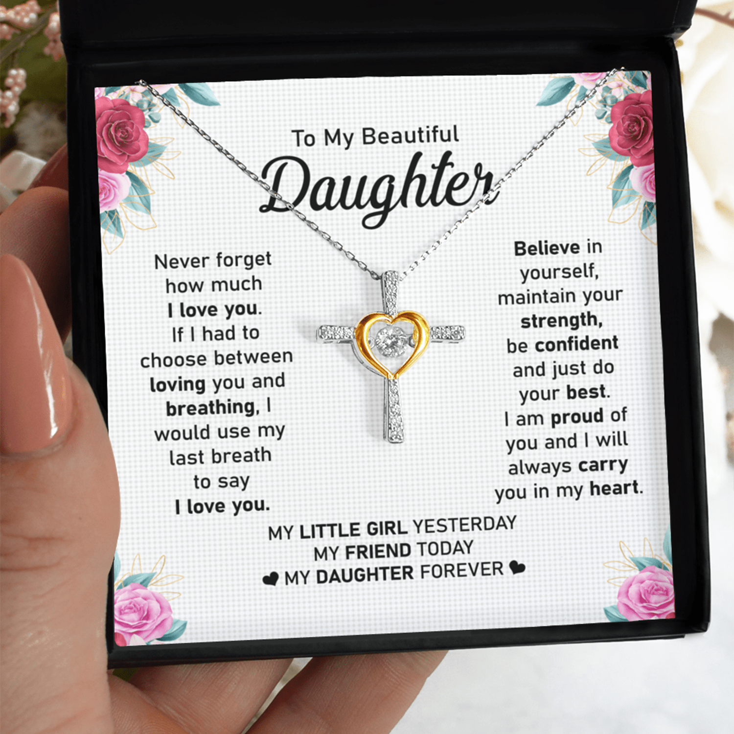 Gift For Daughter - Believe In Yourself - Cross Dancing Necklace With Message Card - Gift For Birthday, Christmas, Valentines From Dad, Mom