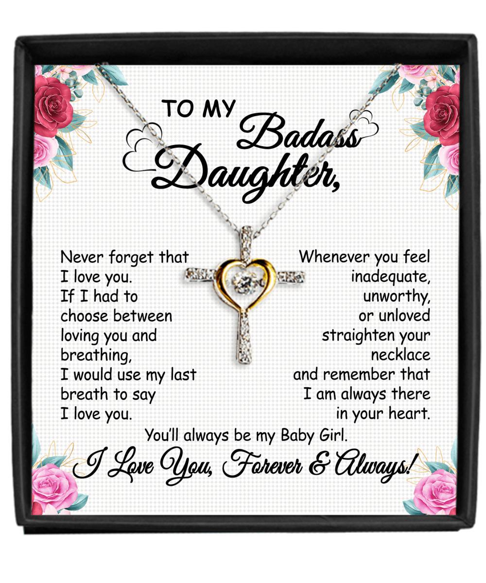 Gift To My Baby Girl Badass Daughter - Cross Dancing Necklace With Message Card Gift From Mom, Dad