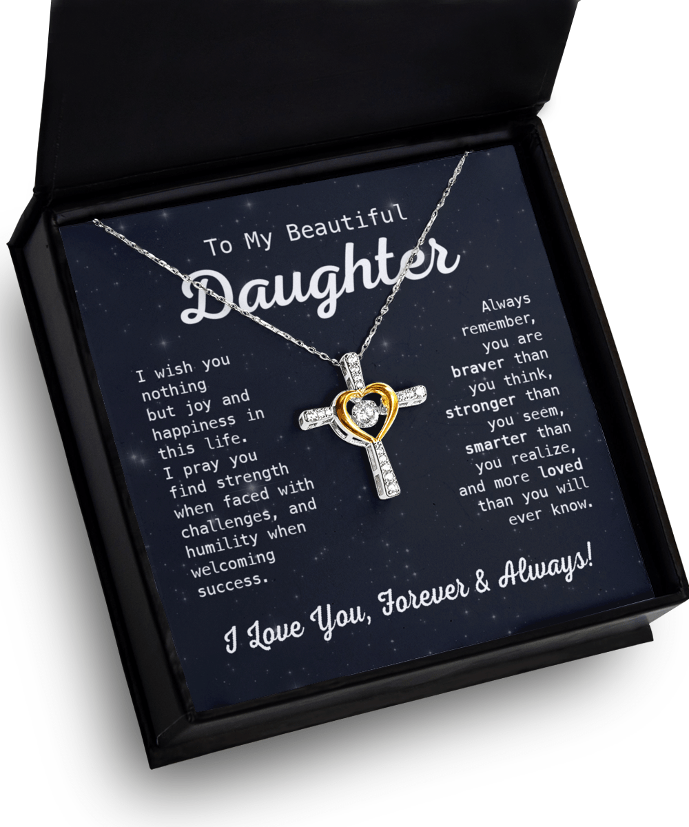 Gift To My Beautiful Daughter - I Wish You Joy - Cross Dancing Necklace With Message Card Gift For Birthday, Christmas, Special Occasion From Mom, Dad