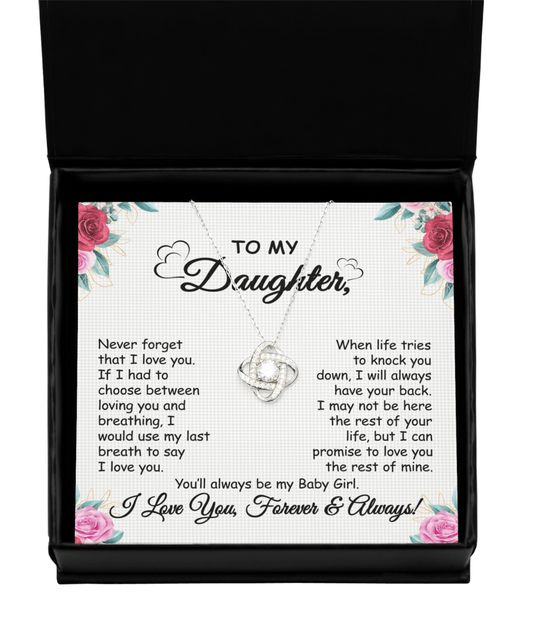 Gift To Daughter - When Life Tries - Love Knot Silver Necklace With Message Card Gift For Birthday, Christmas, Special Occasion From Mom, Dad
