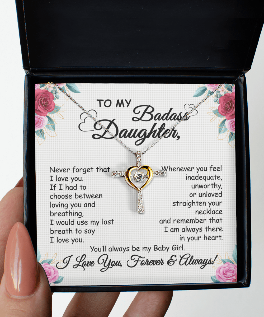 Gift To My Baby Girl Badass Daughter - Cross Dancing Necklace With Message Card Gift From Mom, Dad