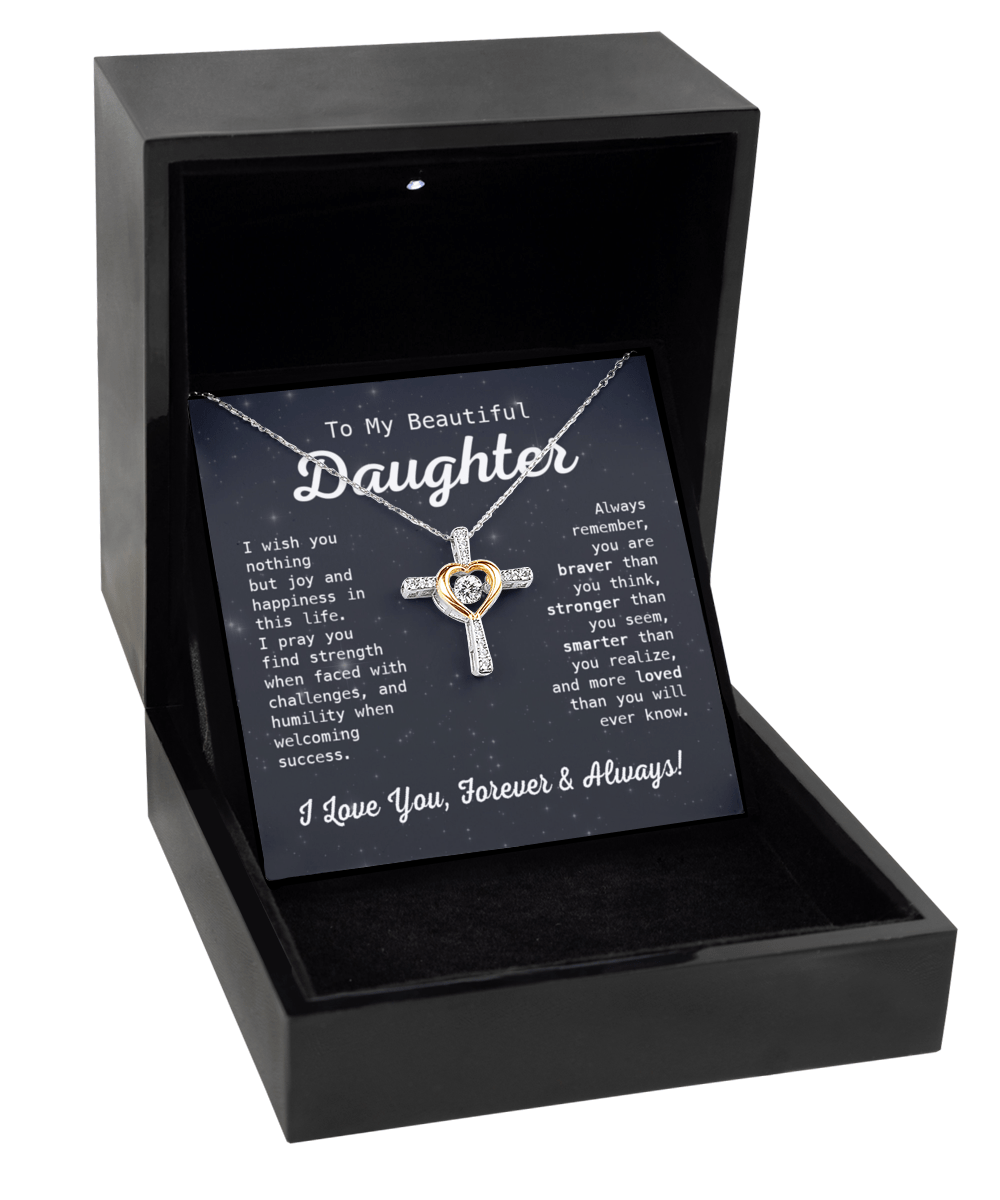 Gift To My Beautiful Daughter - I Wish You Joy - Cross Dancing Necklace With Message Card Gift For Birthday, Christmas, Special Occasion From Mom, Dad