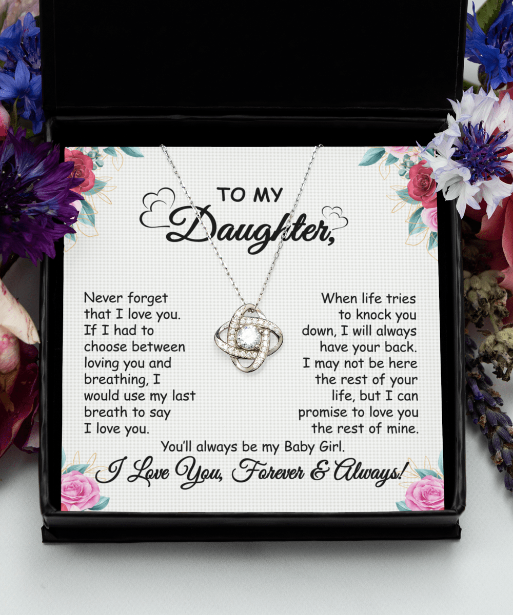 Gift To Daughter - When Life Tries - Love Knot Silver Necklace With Message Card Gift For Birthday, Christmas, Special Occasion From Mom, Dad