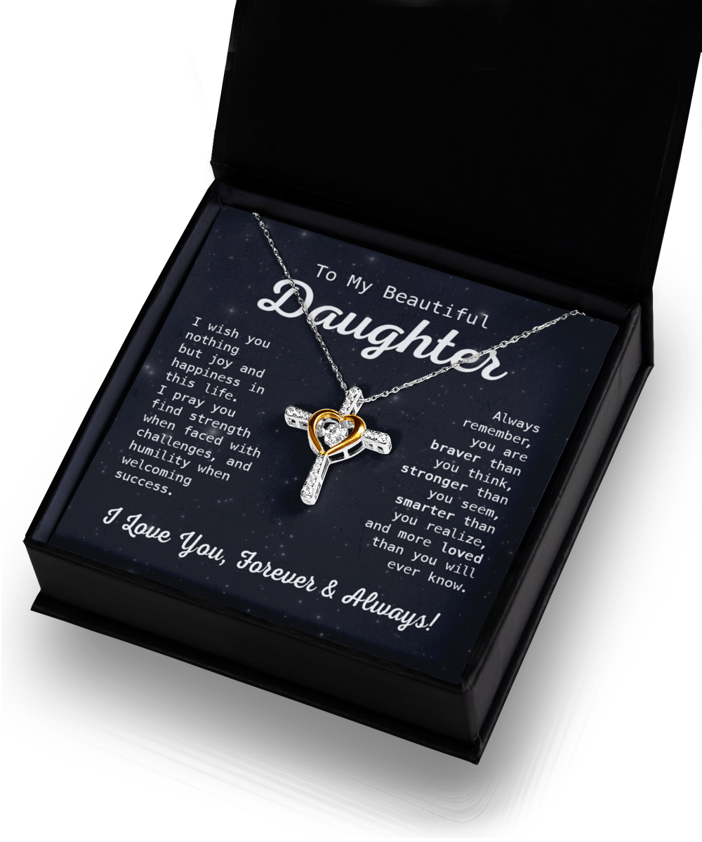 Gift To My Beautiful Daughter - I Wish You Joy - Cross Dancing Necklace With Message Card Gift For Birthday, Christmas, Special Occasion From Mom, Dad