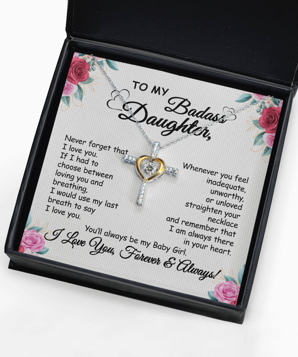 Gift To My Baby Girl Badass Daughter - Cross Dancing Necklace With Message Card Gift From Mom, Dad