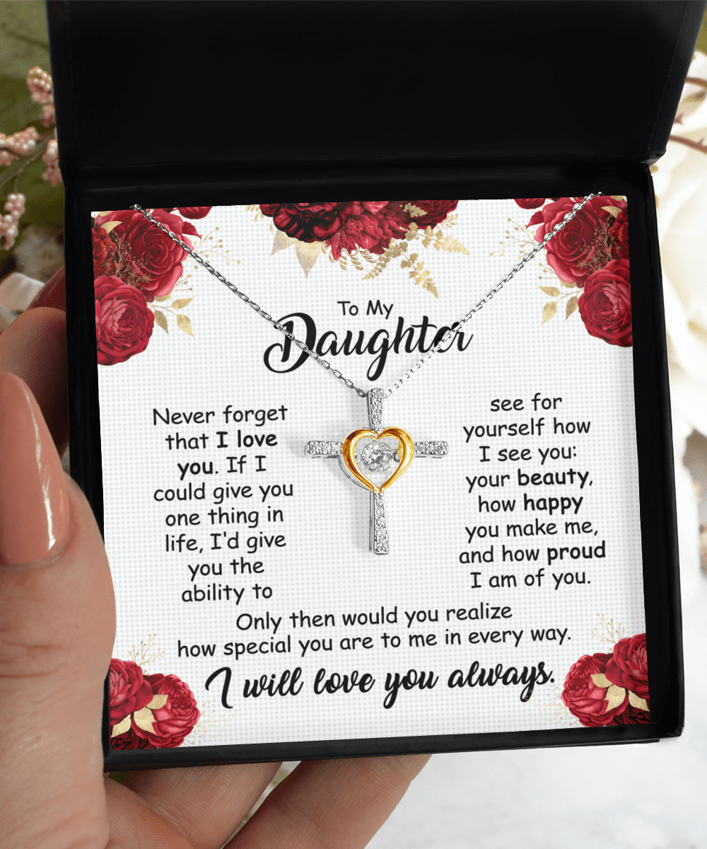 Gift For Daughter - You Are Beauty - Cross Dancing Necklace With Message Card - Gift For Birthday, Anniversary, Christmas From Dad, Father, Mom, Mother